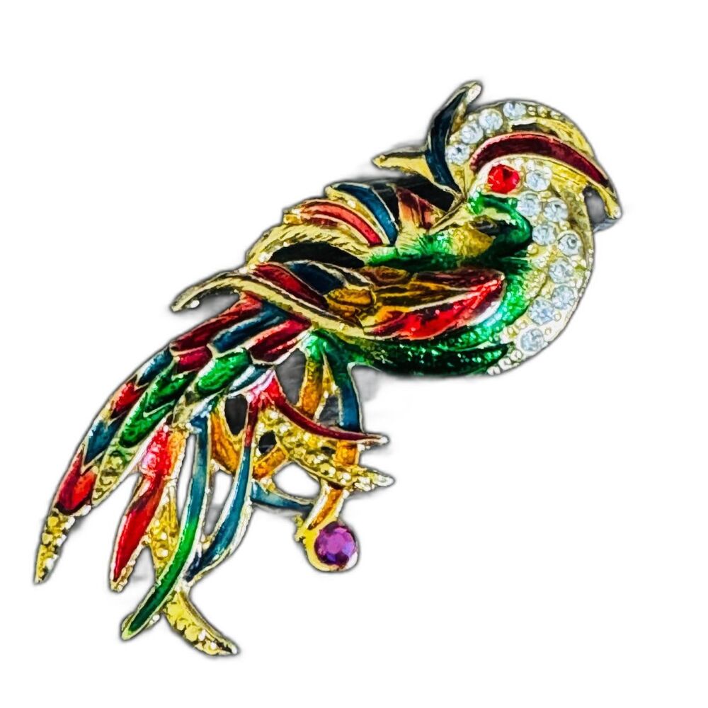Vintage Bonetto Bird Brooch Enamel Rhinestone Gold Tone Figural Phoenix 3” Italy